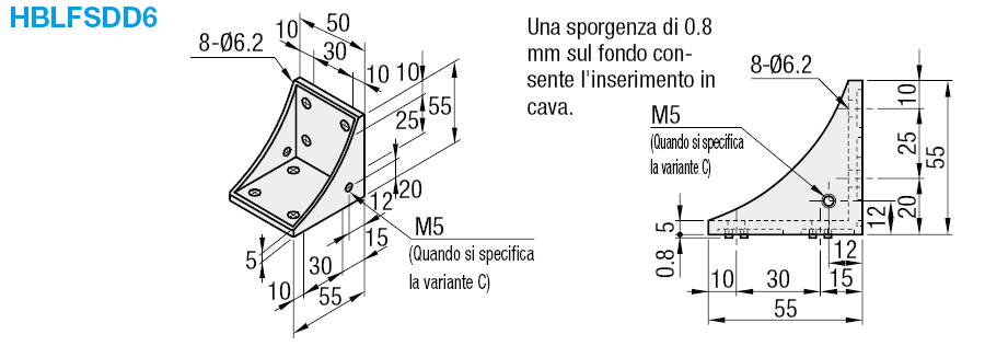Serie 6/invertibili con aletta/2 cave/8 fori/senza rinforzo:Immagine relativa