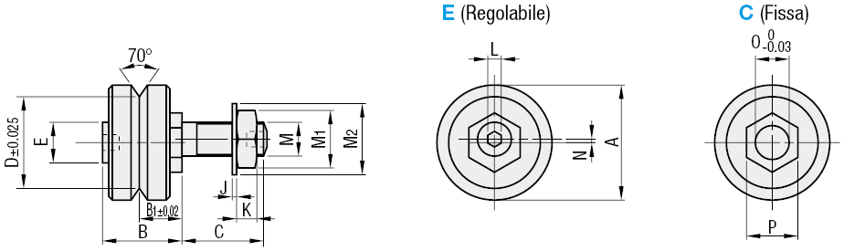 Sistemi con guide a V/Misura metrica/rotelle a 70°/corti:Immagine relativa