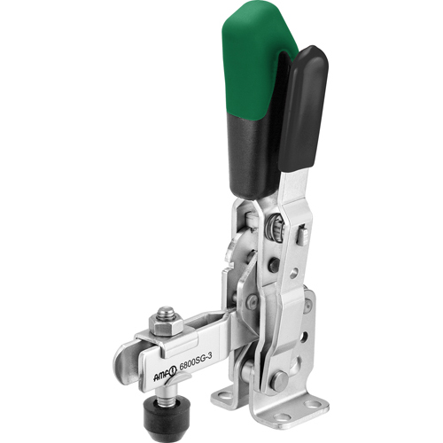 Vertical Toggle Clamp with Green Handle and Safety Latch, 6800SG