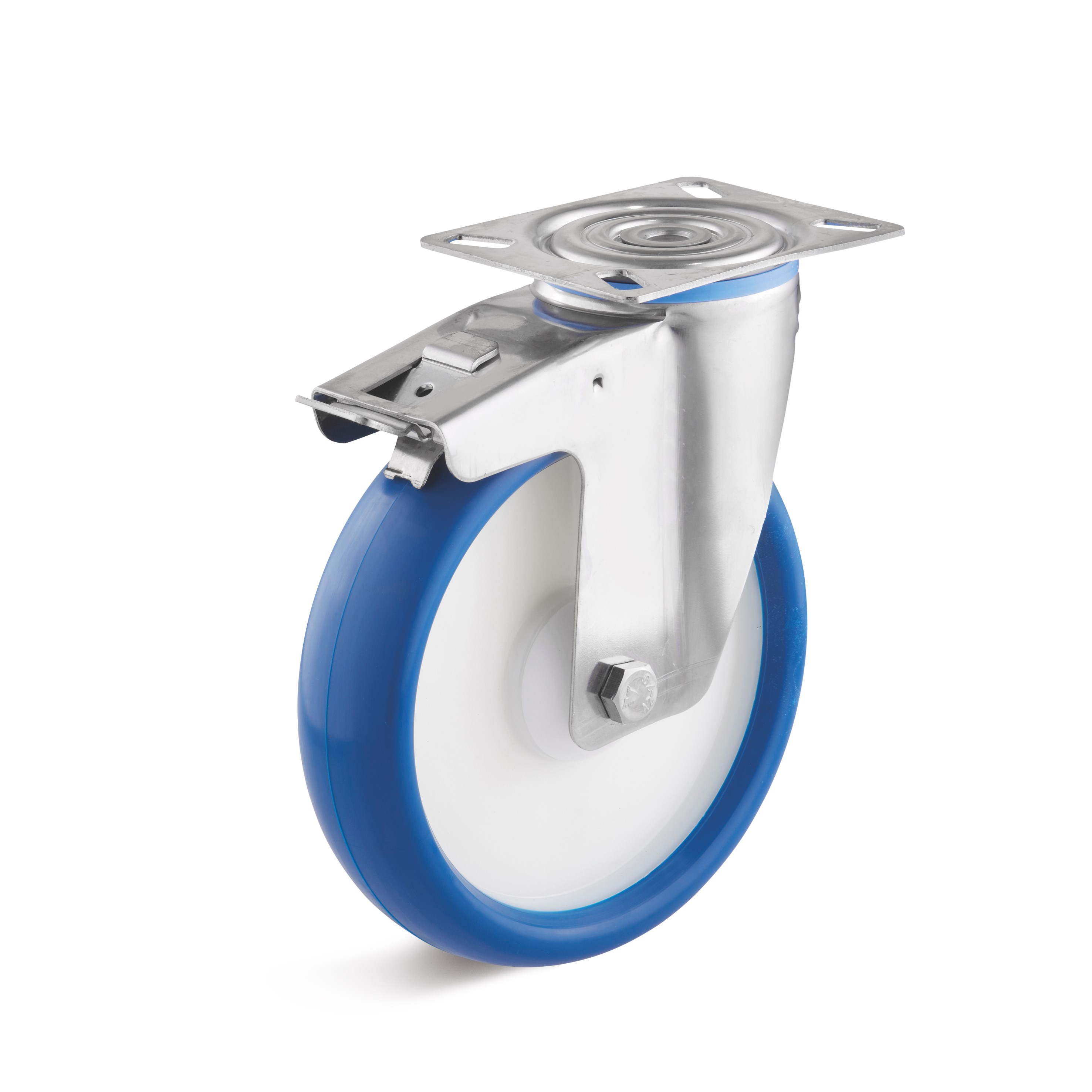 Stainless steel swivel castor with double stop and polyurethane wheel