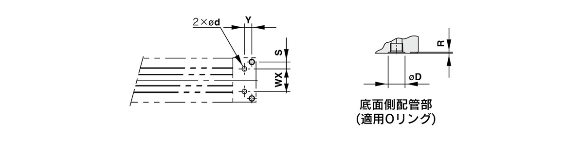 Disegno quotato dei fori per tubazioni centralizzate sul fondo di MY1B50□/MY1B63□ (a destra: tubazione lato inferiore (O-ring applicabile))
