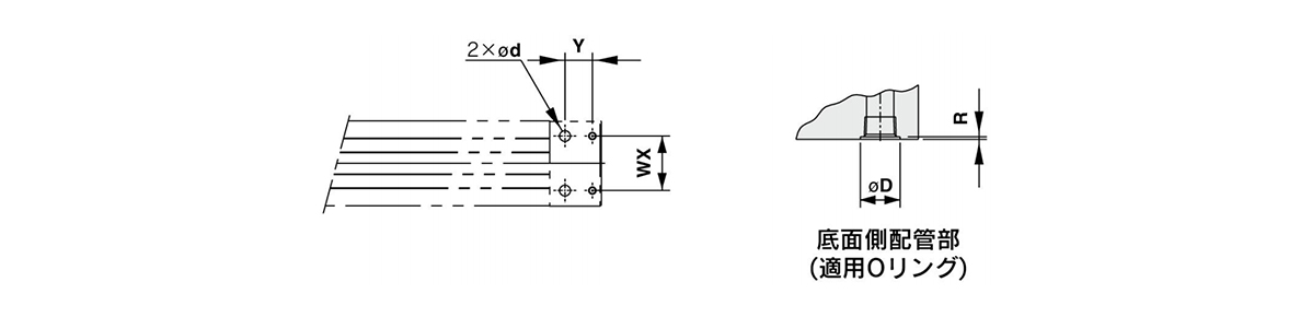 Disegno quotato dei fori per tubazioni centralizzate sul fondo di MY1B80□/MY1B100□ (a destra: tubazione lato inferiore (O-ring applicabile))