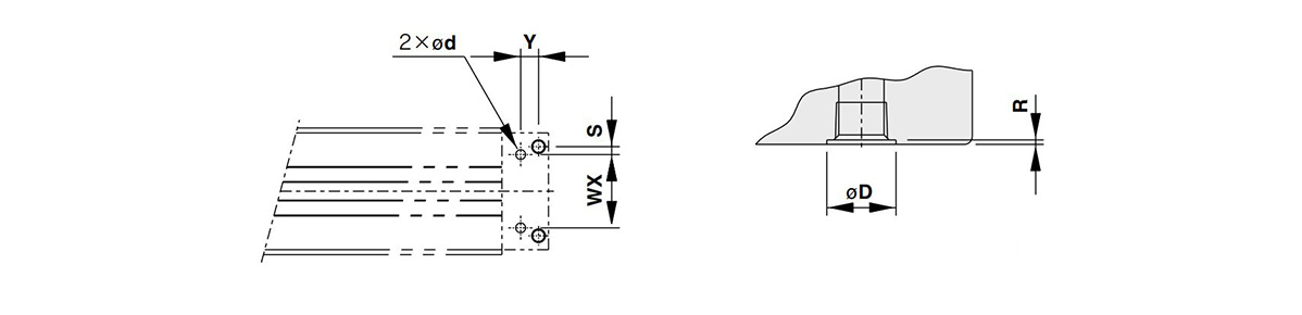 MY1C50□/MY1C5063□ disegno quotato foro per tubazioni centralizzate inferiori [destra: parte tubazione (parte ZZ) lato inferiore (O-ring applicabile)]