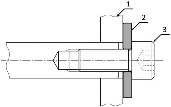 Rondella di pre-carico in una connessione a vite: (1) Piastra, (2) Disco metallico, (3) Vite – esagonale interna