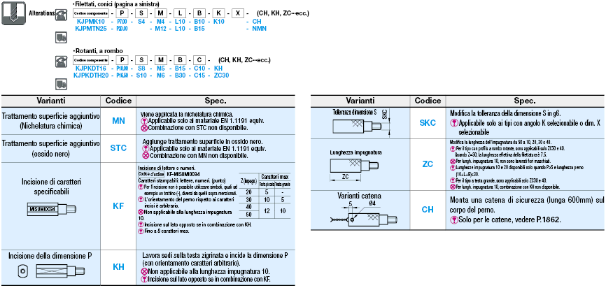 Perni scanalati per maschere di controllo/Conici con gradino/filettati/rotondi e a rombo:Immagine relativa