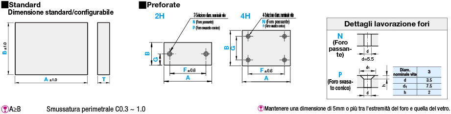 Piastre quadrate in vetro/Dimensioni A, B standard:Immagine relativa