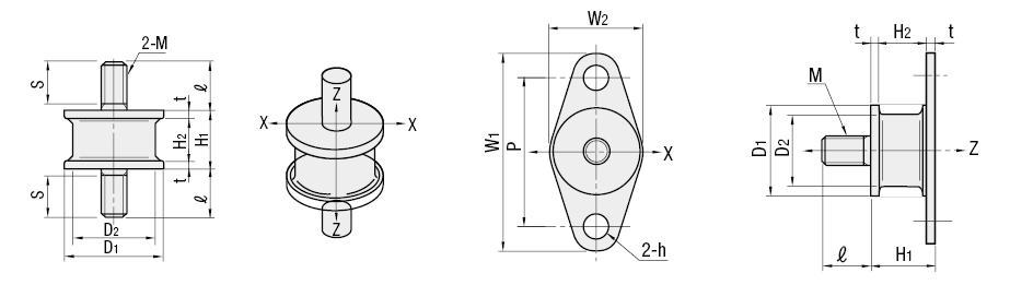 Supporti in gomma antivibrazioni/Filettatura sui due lati:Immagine relativa