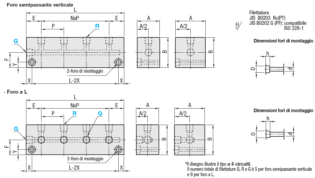 Blocchi collettore/Idraulici/Pneumatici, uscite su 1 lato/2 lati, 1 ingresso:Immagine relativa