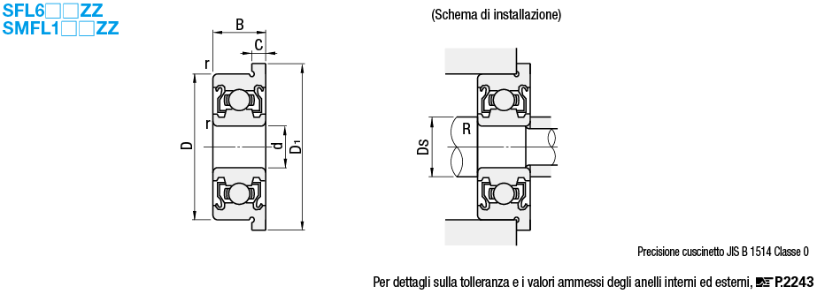 Piccoli/A gola profonda/Doppia schermatura con flangia/Acciaio inox:Immagine relativa