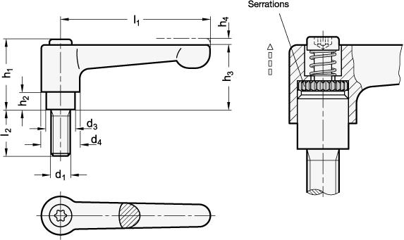 Leve manuali regolabili piatte, zinco a pressofusione, prigioniero filettato in acciaio inox (GN302.1)