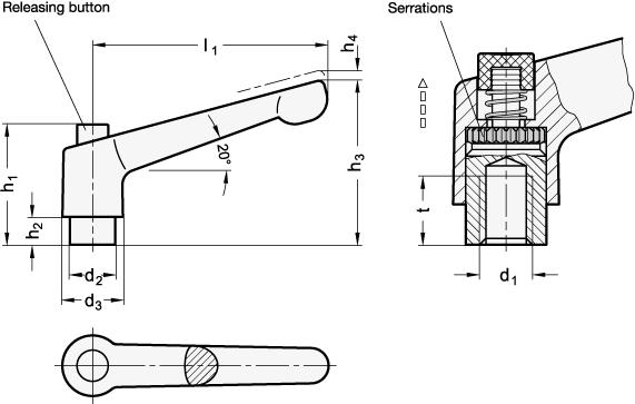 Pulsante di sblocco leve manuali regolabili, pressofusione di Zinco, boccola in acciaio zi 303.2-78-M10-SW-S
