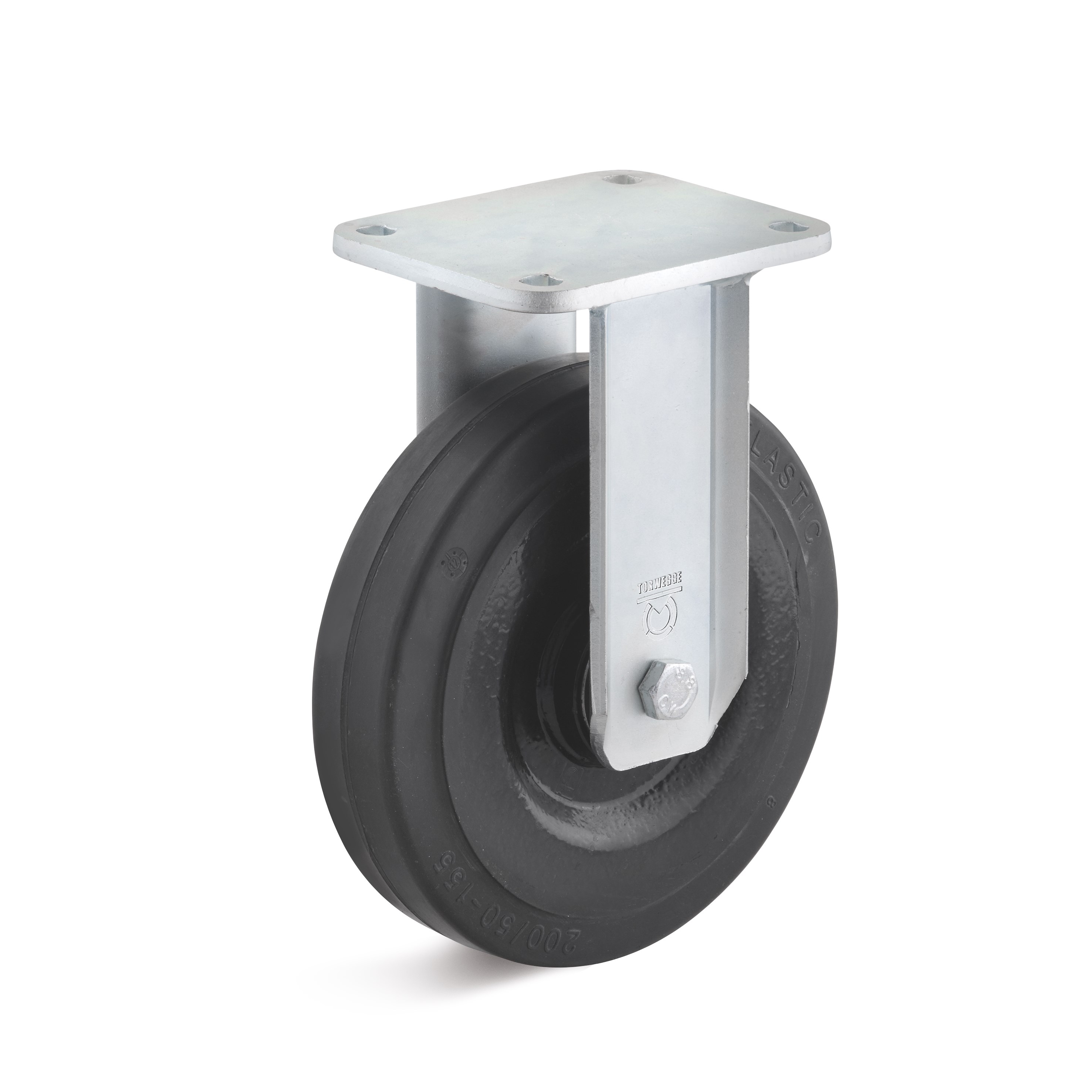 Heavy duty fixed castor with elastic solid rubber wheel, welded steel construction
