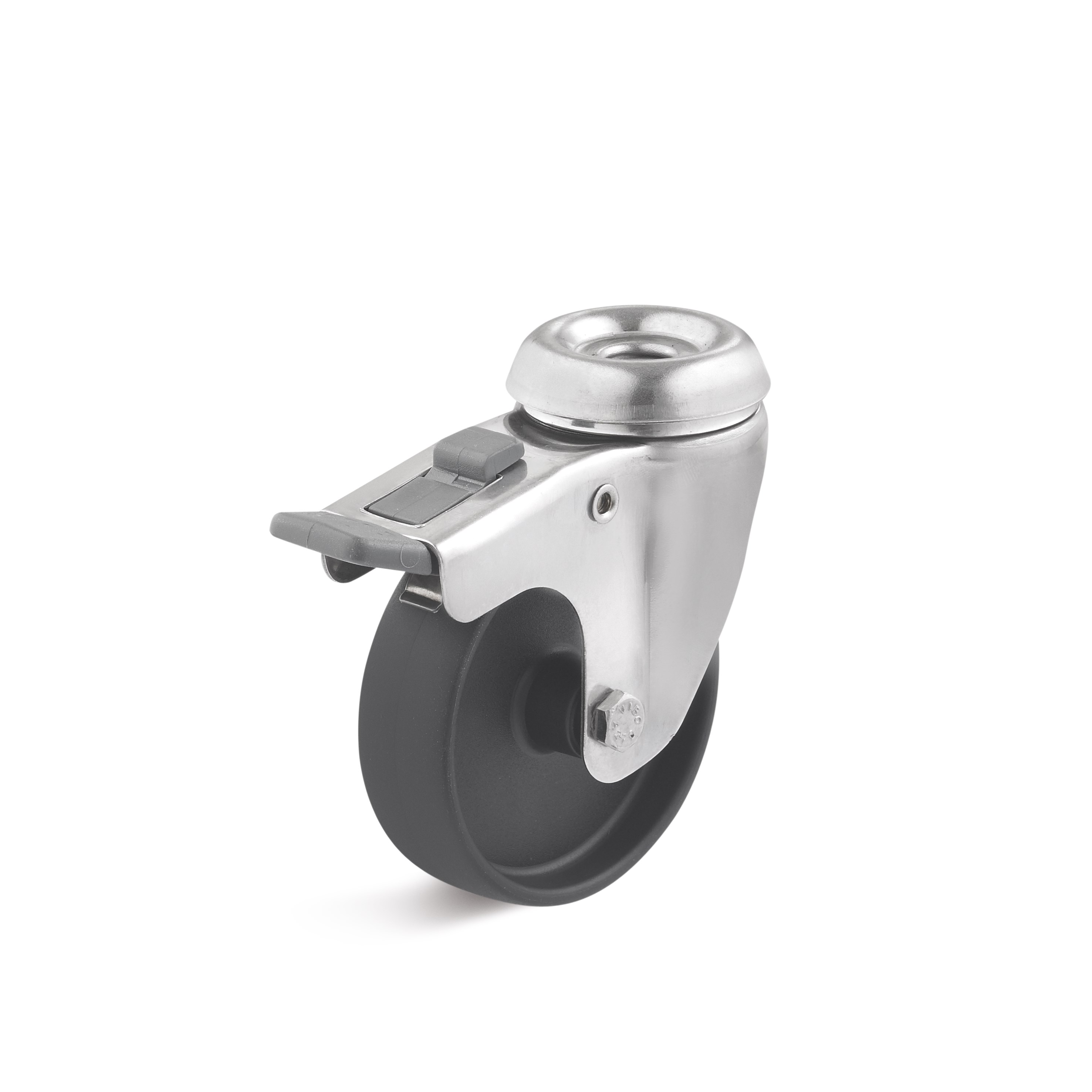 Stainless steel swivel castor with double stop, rear hole attachment, polyamide wheel