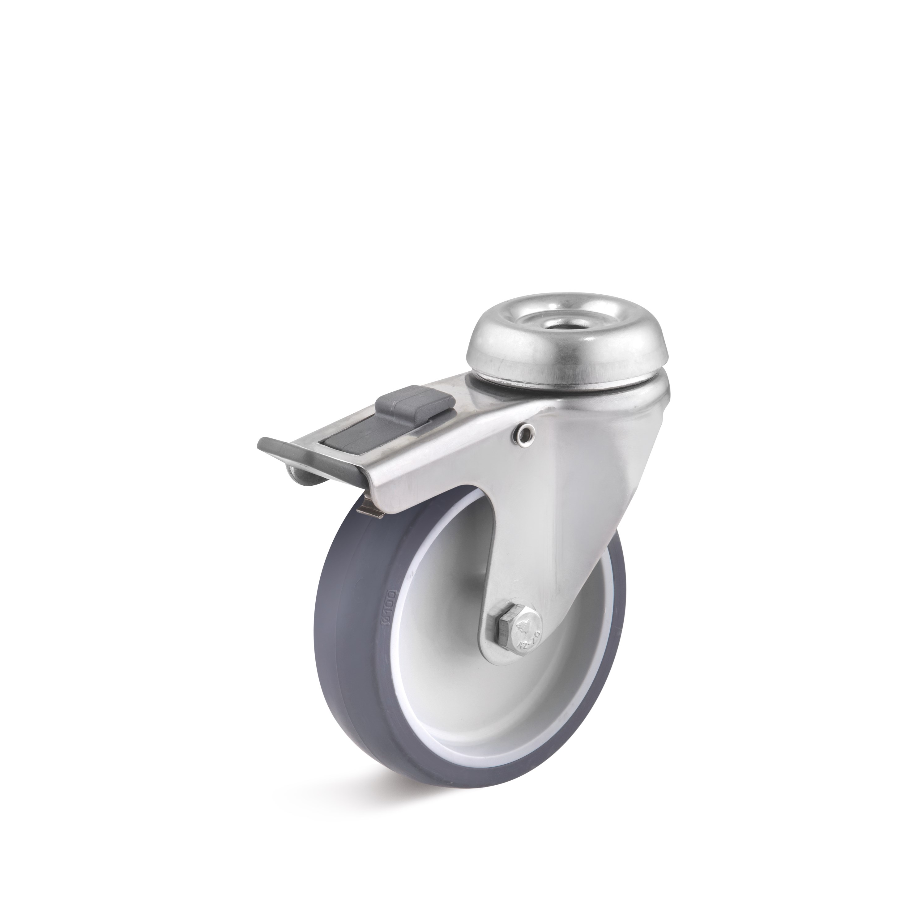 Stainless steel swivel castor with double stop and bolt hole, thermoplastic wheel L-AV-TPGK-100-G-1-DSN