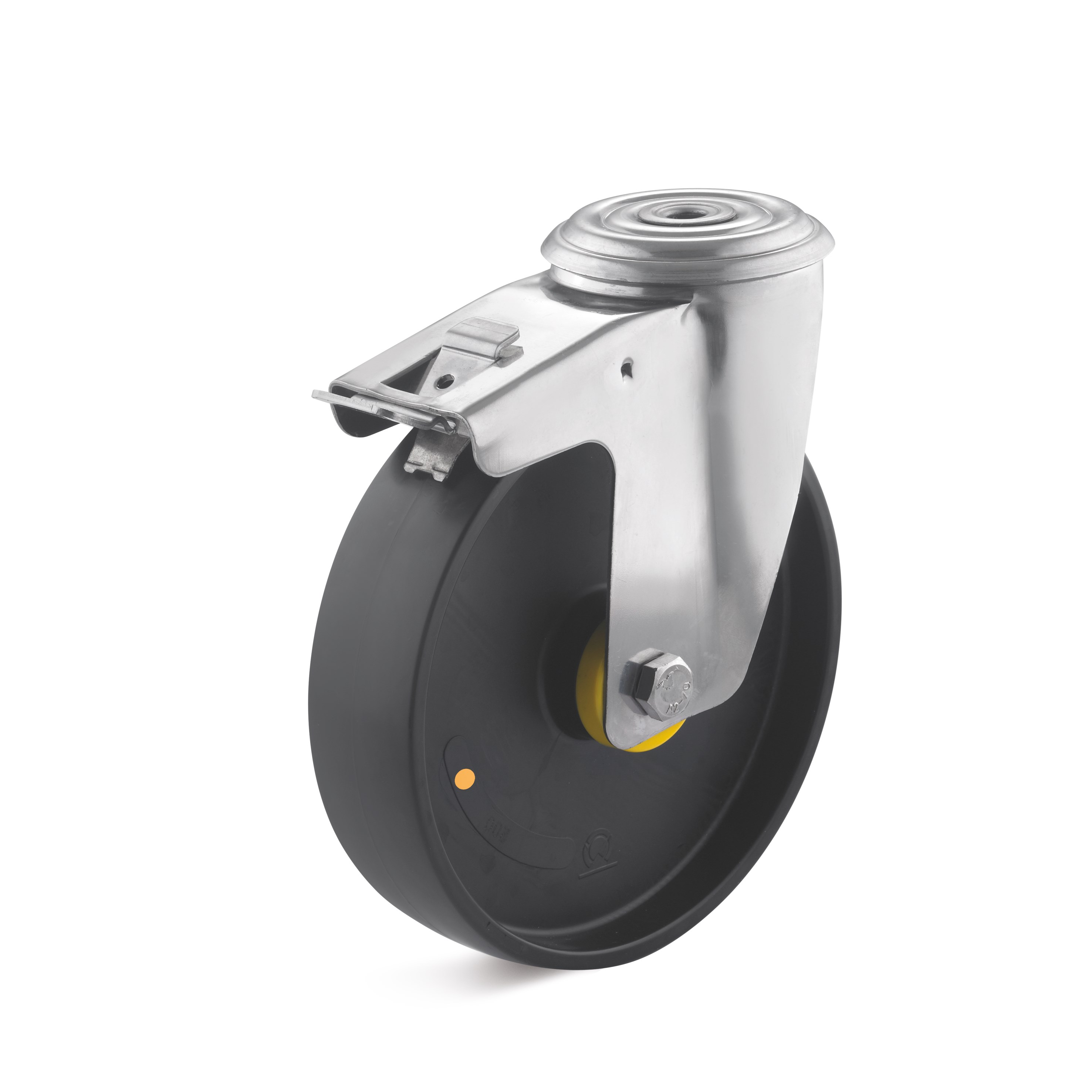 Stainless steel swivel castor with double stop and bolt hole, polyamide wheel