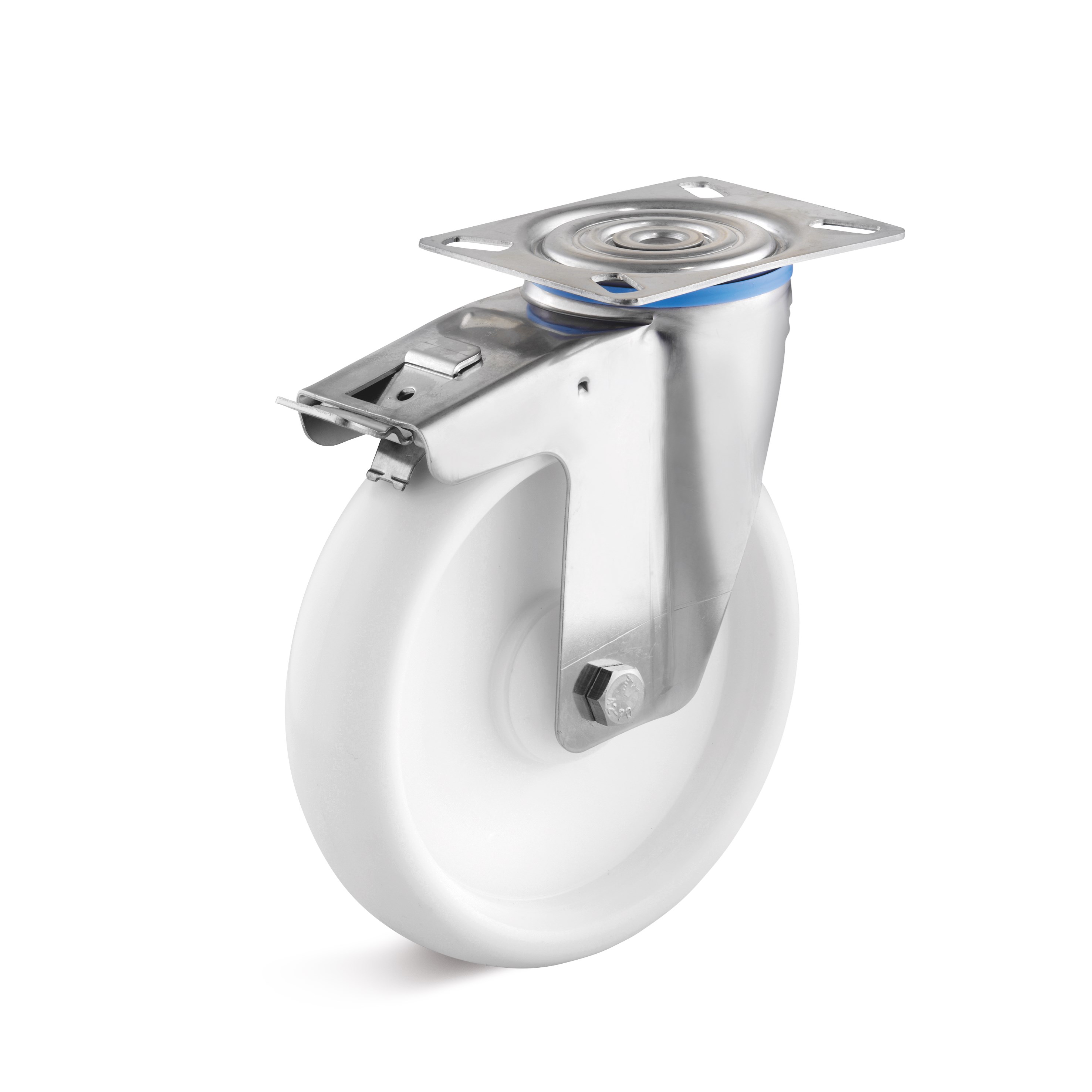 Stainless steel swivel castor with double stop and polypropylene wheel L-IV-PPBL-100-K-3-DSN