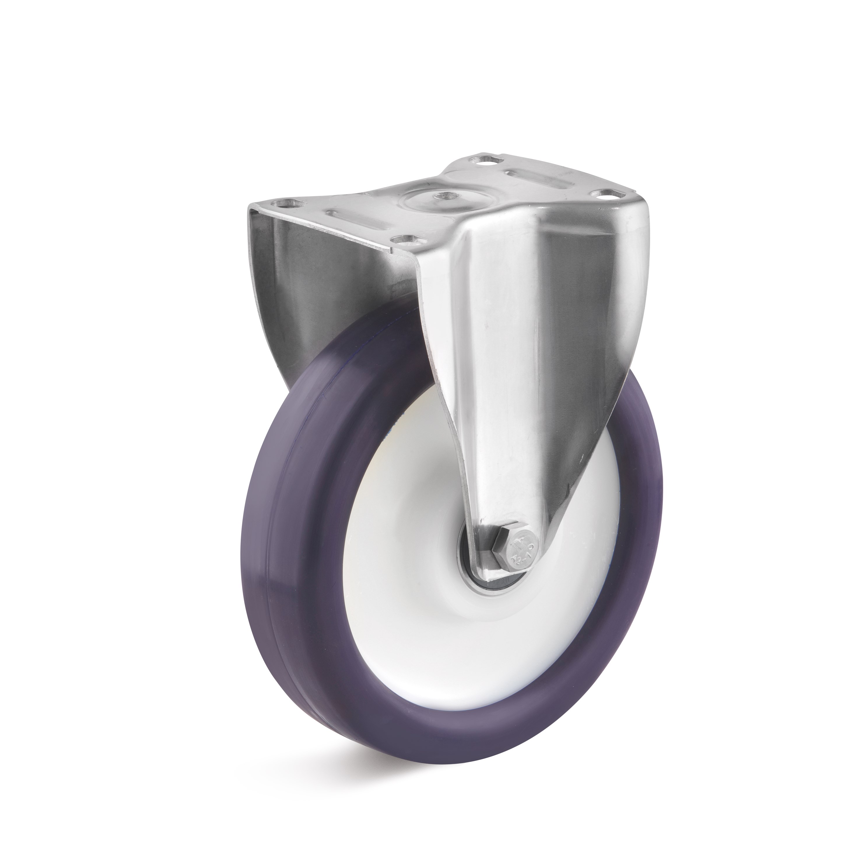 Stainless steel fixed castor with elastic polyurethane wheel, approx. 80 ° Shore A B-MV-EPUK-200-K