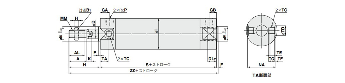 Basic with Rubber Bumper: CBG1BN Head-end lock: CBG1BN Bore size - Stroke - H□ dimensional drawing
