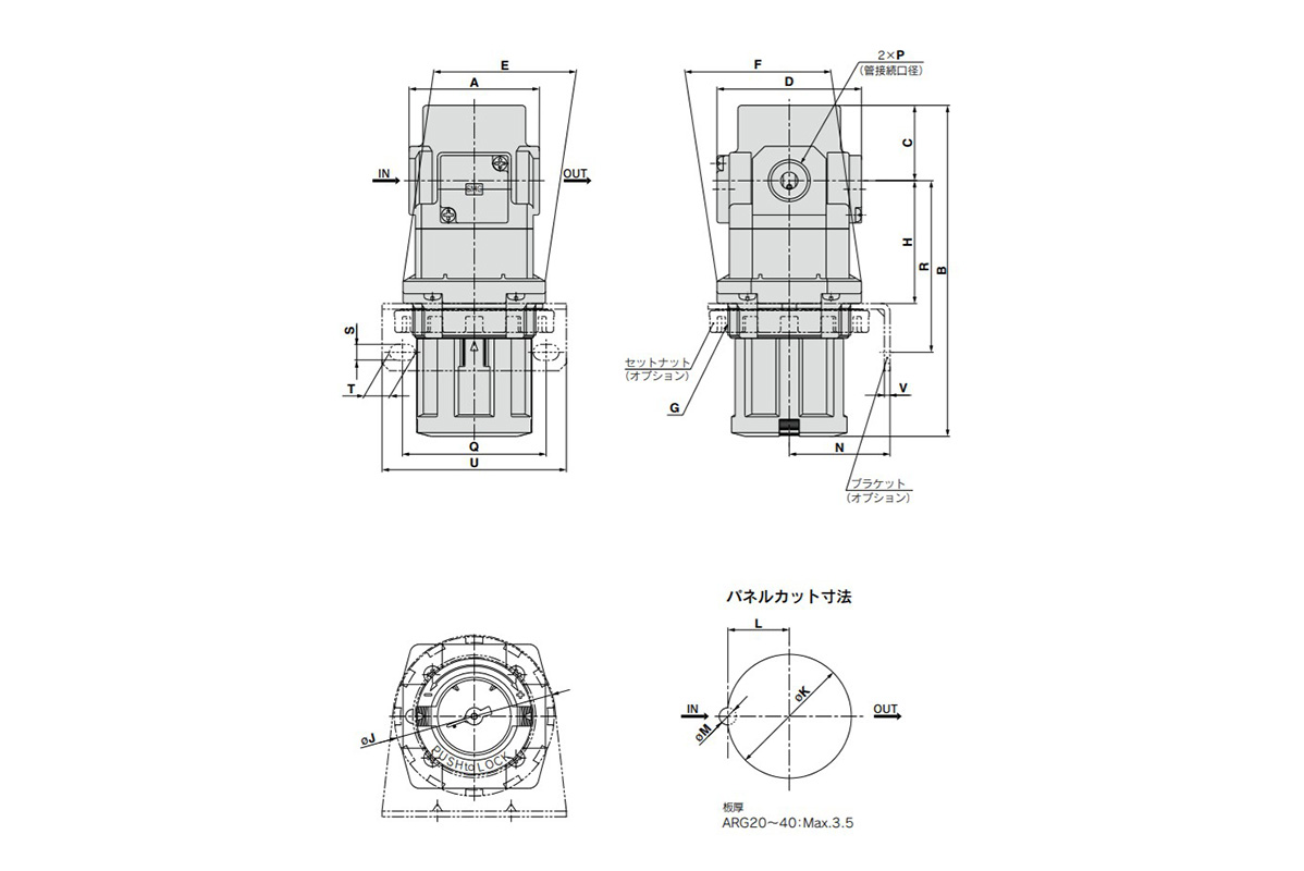 Regulator With Built-In Pressure Gauge ARG20/30/40: dimensional drawing