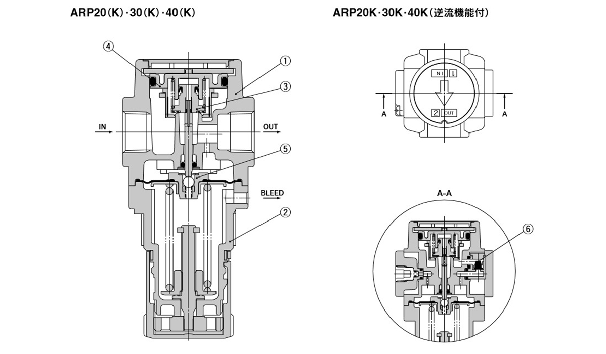 Direct-Operated Precision Regulator, Modular Type (With Backflow Function), ARP20(K) To ARP40(K) Series: structural drawings