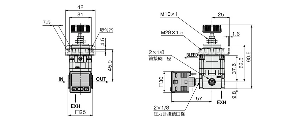 With digital pressure switch / IR10□0-01□E□-A: dimensional drawing