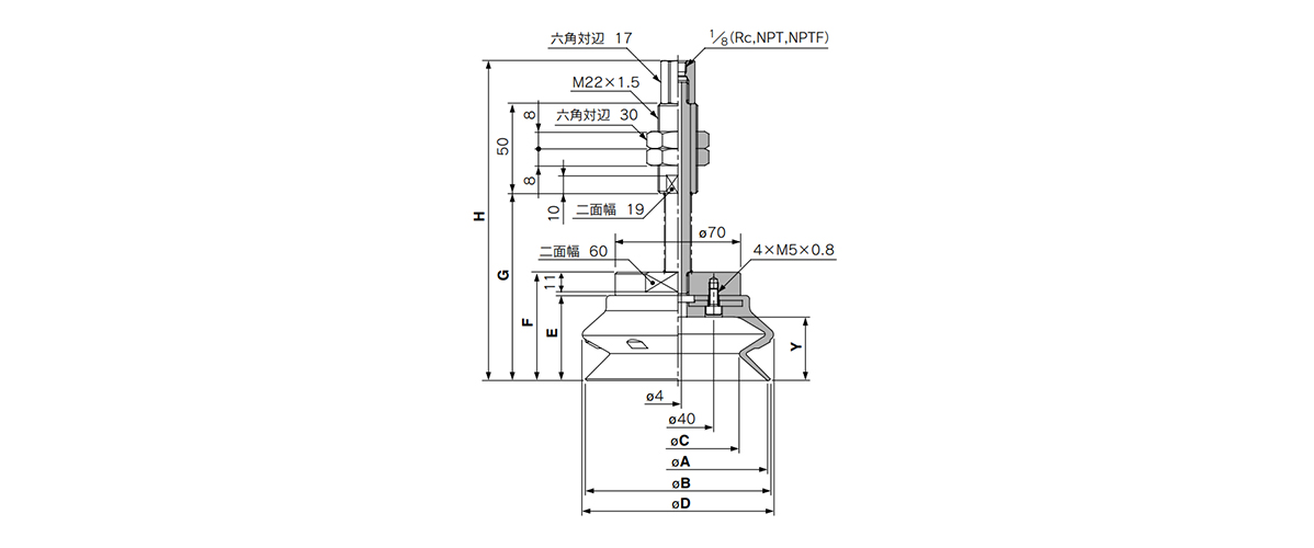 ZPT100/125HB□J□-□01-A22 (male thread) dimensions / structural drawing