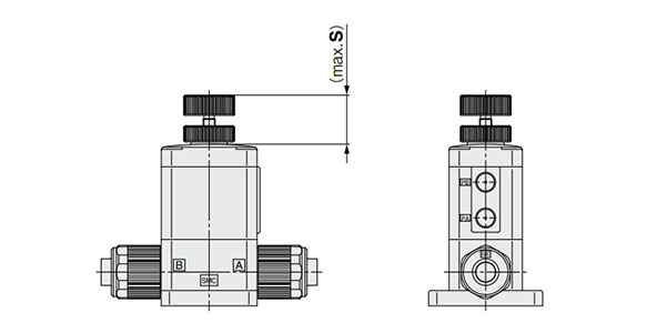 With flow rate adjustment LVC22, LVC30 (0/2) to LVC4 (0/2) dimensional drawing