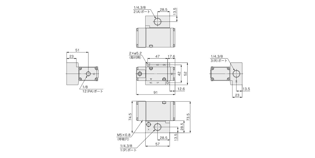 For vacuums: VPA544V-1-02/03□A/B dimensional drawing