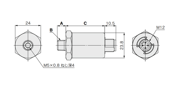 Disegno quotato del sensore di pressione per fluido multiuso serie PSE570