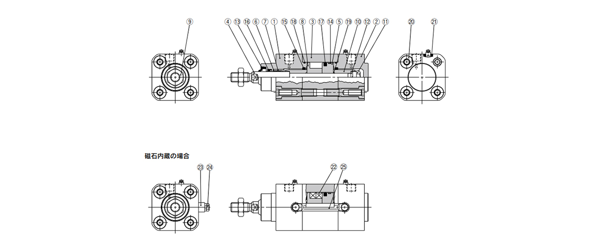 Drawing: without auto switch, HYCB32 to 63