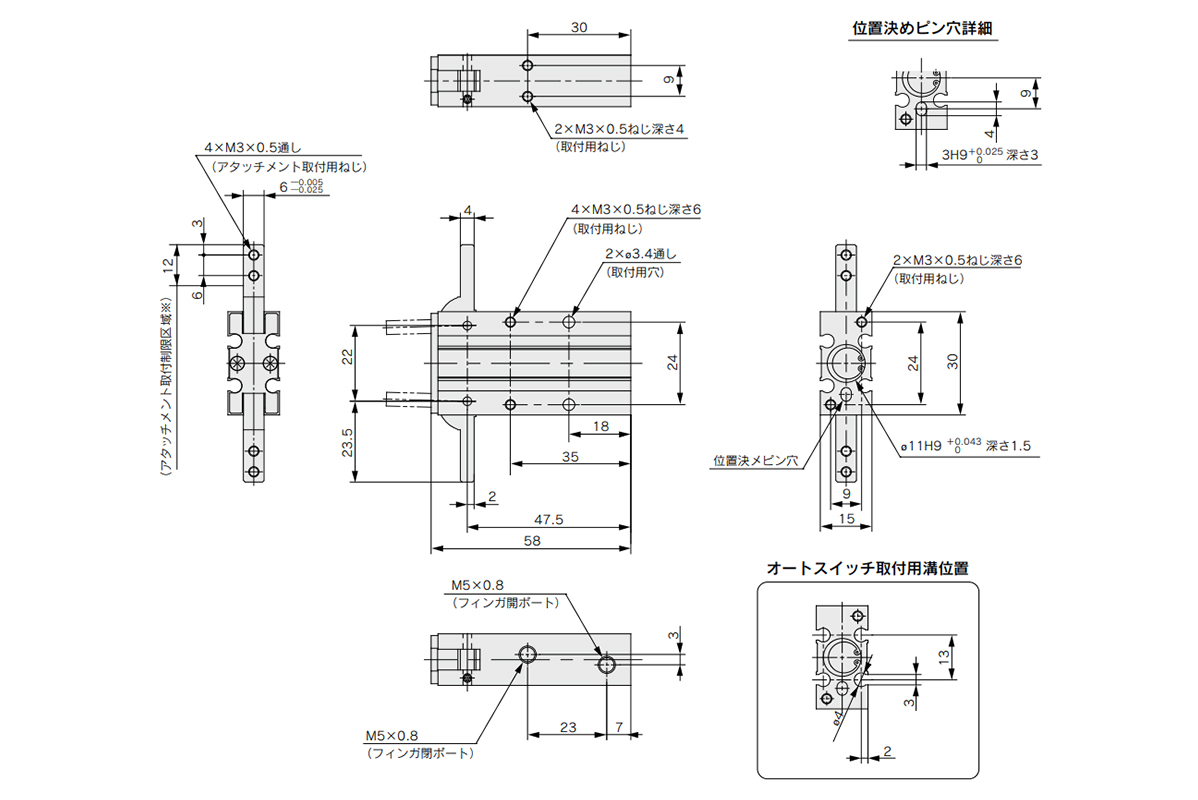 MHY2-10D dimensional drawing: (top right) pin hole positioning dimensional drawing / (bottom right) auto switch mounting groove dimensional drawing