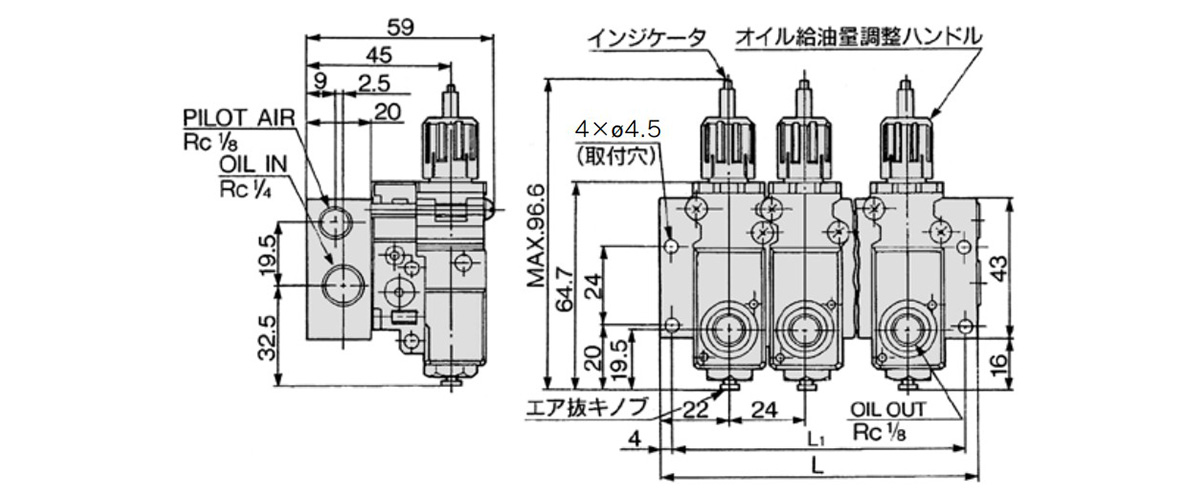 Impulse lubricator manifold: ALIM1□00-2, -4, -6, -8, -10 dimensional drawing