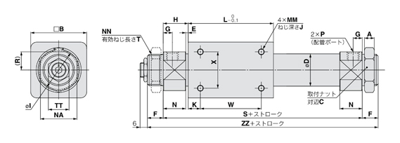 Cartello cilindro senza stelo tipo base REA serie REA25/32/40 disegno schematico