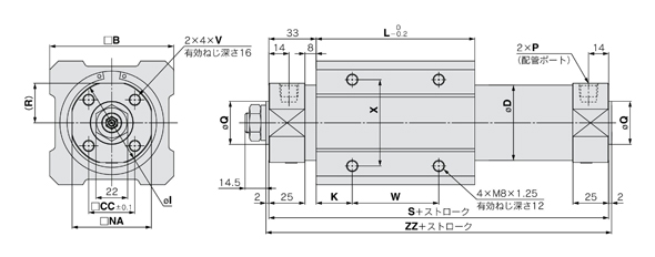 Cartello cilindro senza stelo tipo base REA serie REA50/63 disegno schematico